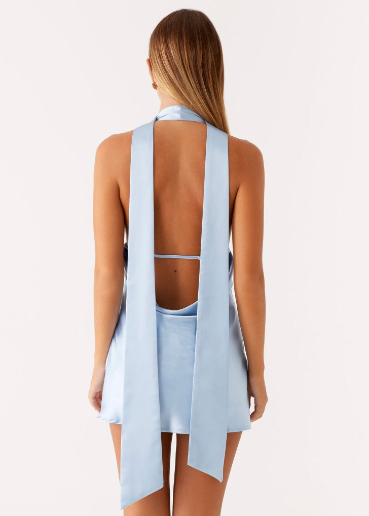 Alicia Satin Halter Mini Dress - Pale Blue