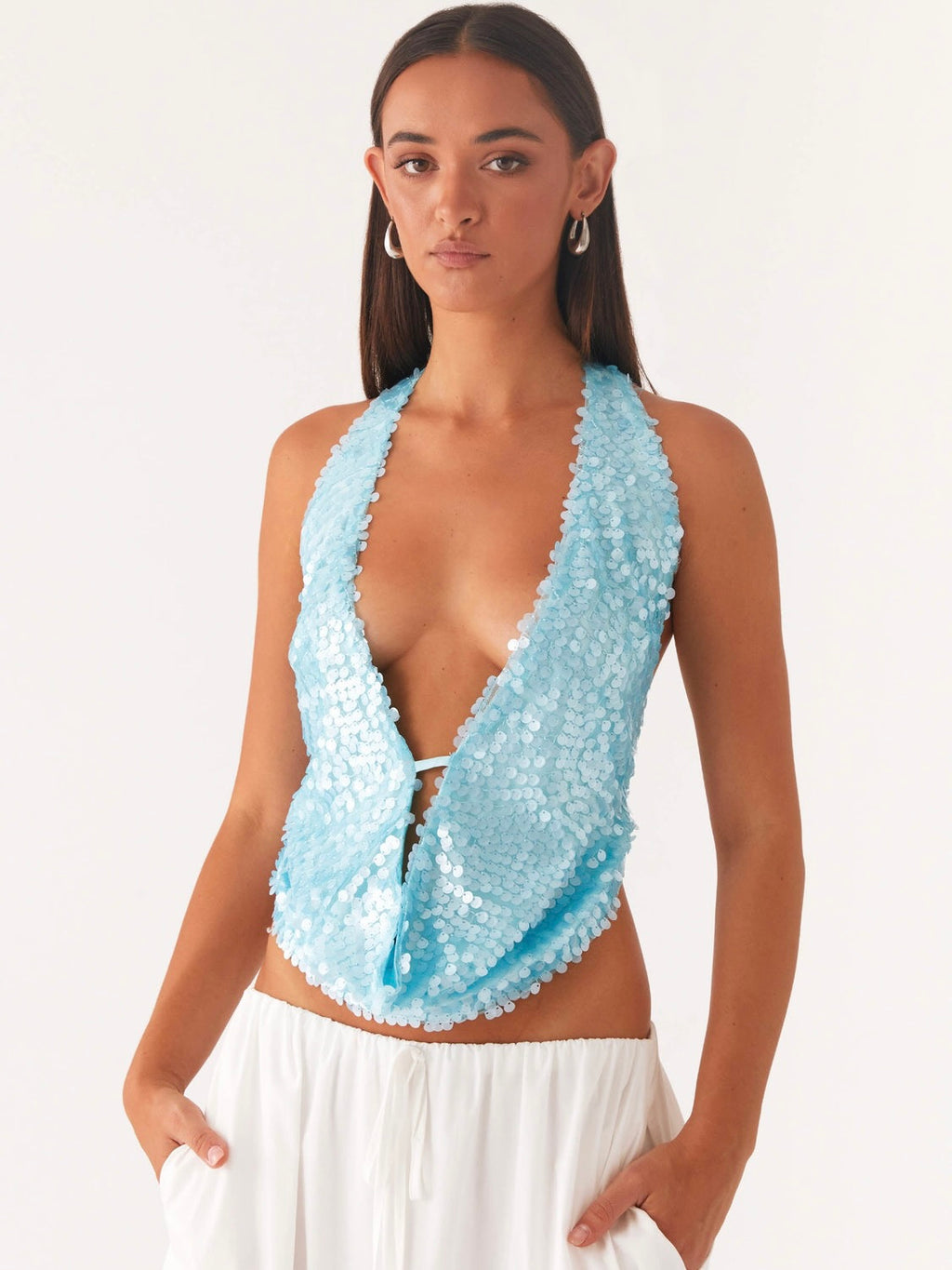 Rio Dreams Cowl Neck Halter Top - Turqoise