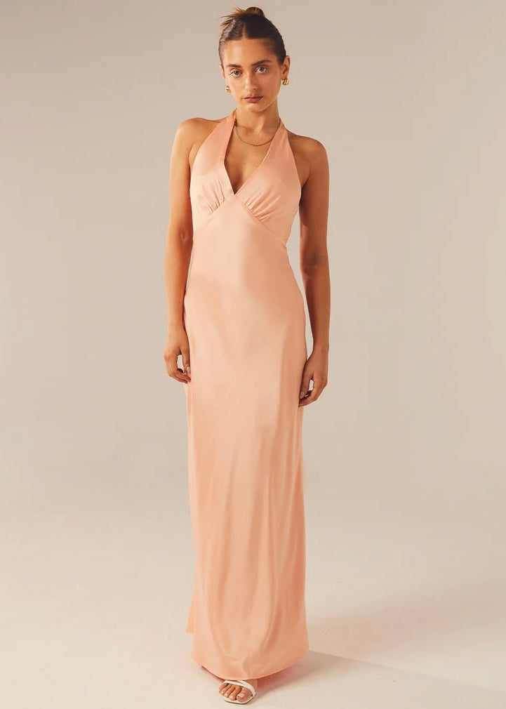 Heavy Hearted Satin Maxi Dress - Peach