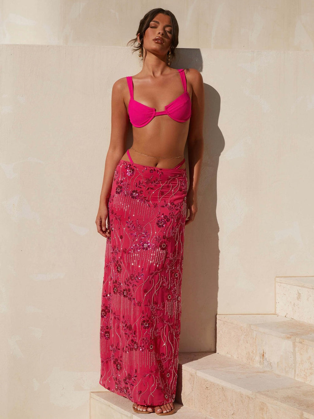 Corinna Low Rise Sequin Maxi Skirt - Fushsia