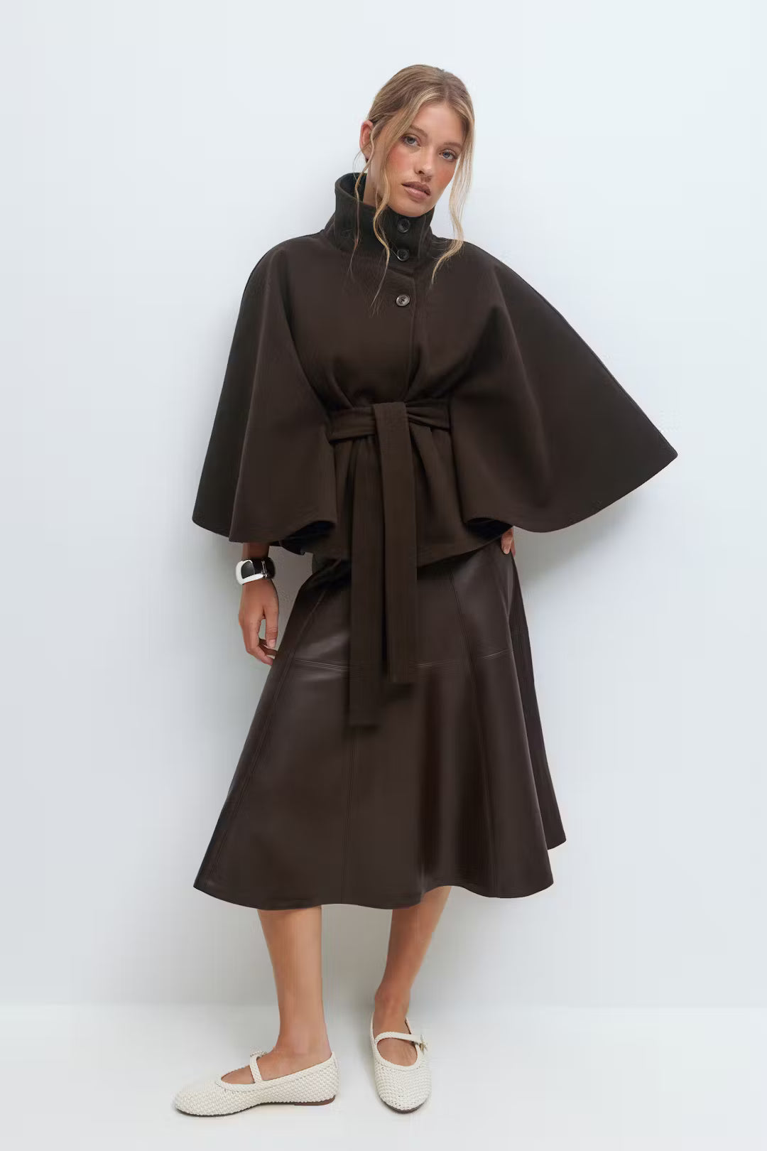 Lienna Belt Cape Jacket - Brown