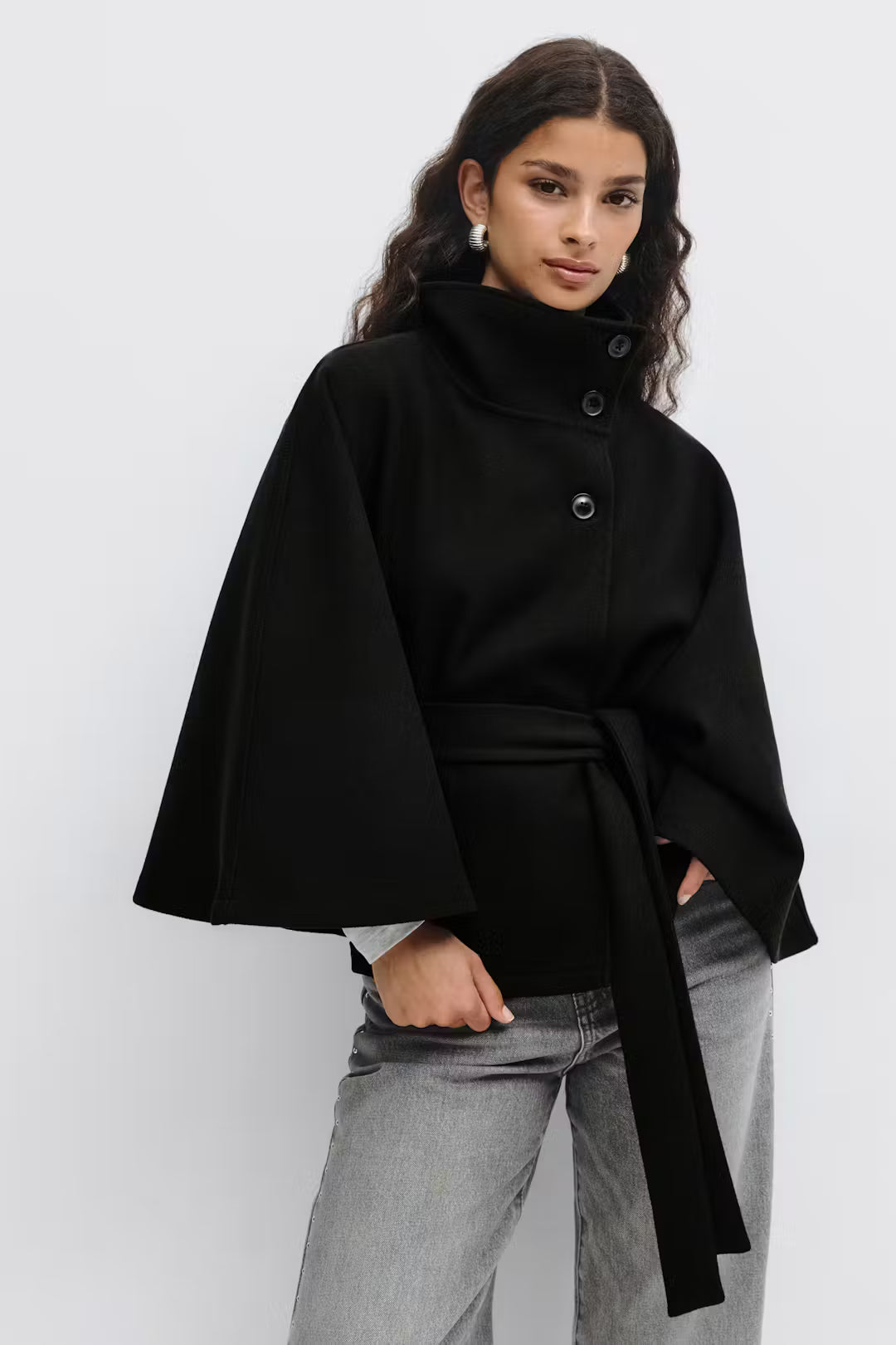 Lienna Belt Cape Jacket - Black