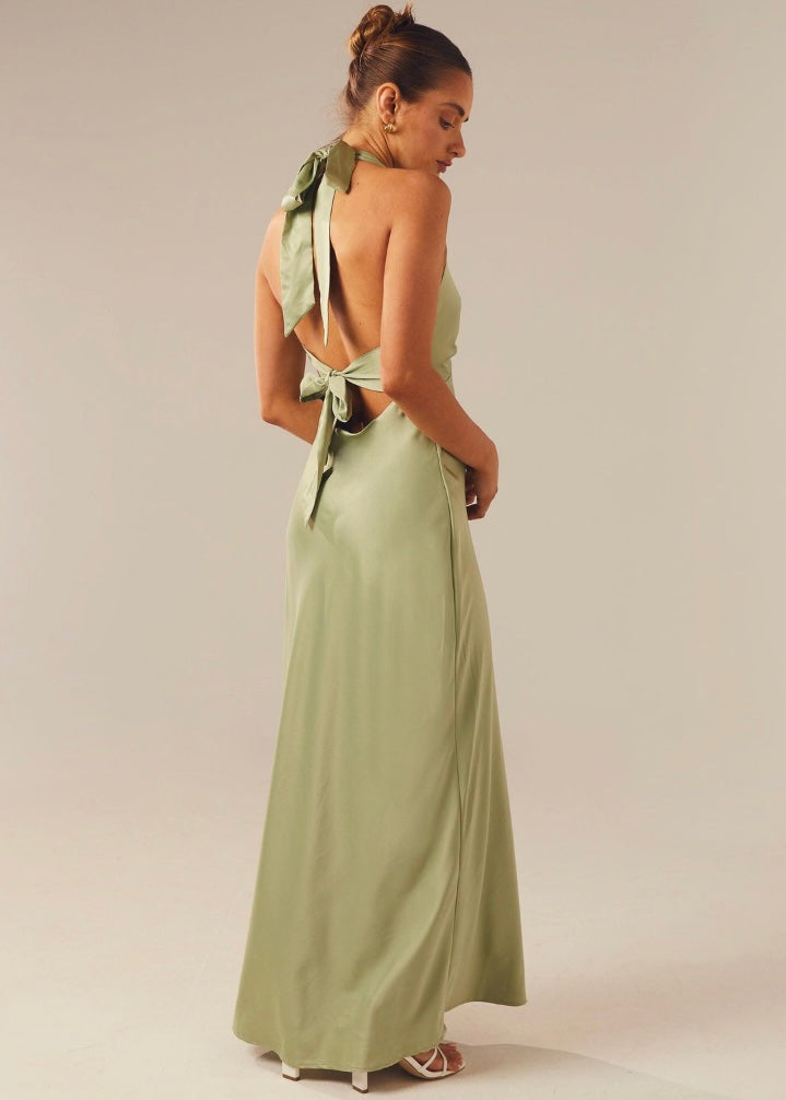 Heavy Hearted Satin Maxi Dress - Sage