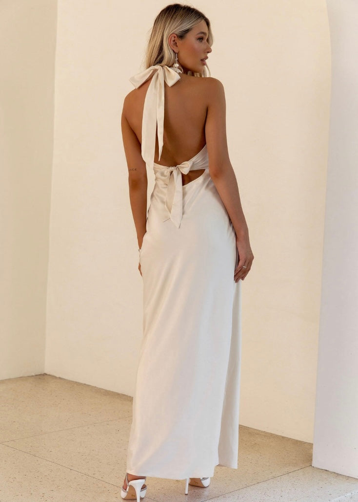 Heavy Hearted Satin Maxi Dress - Pearl