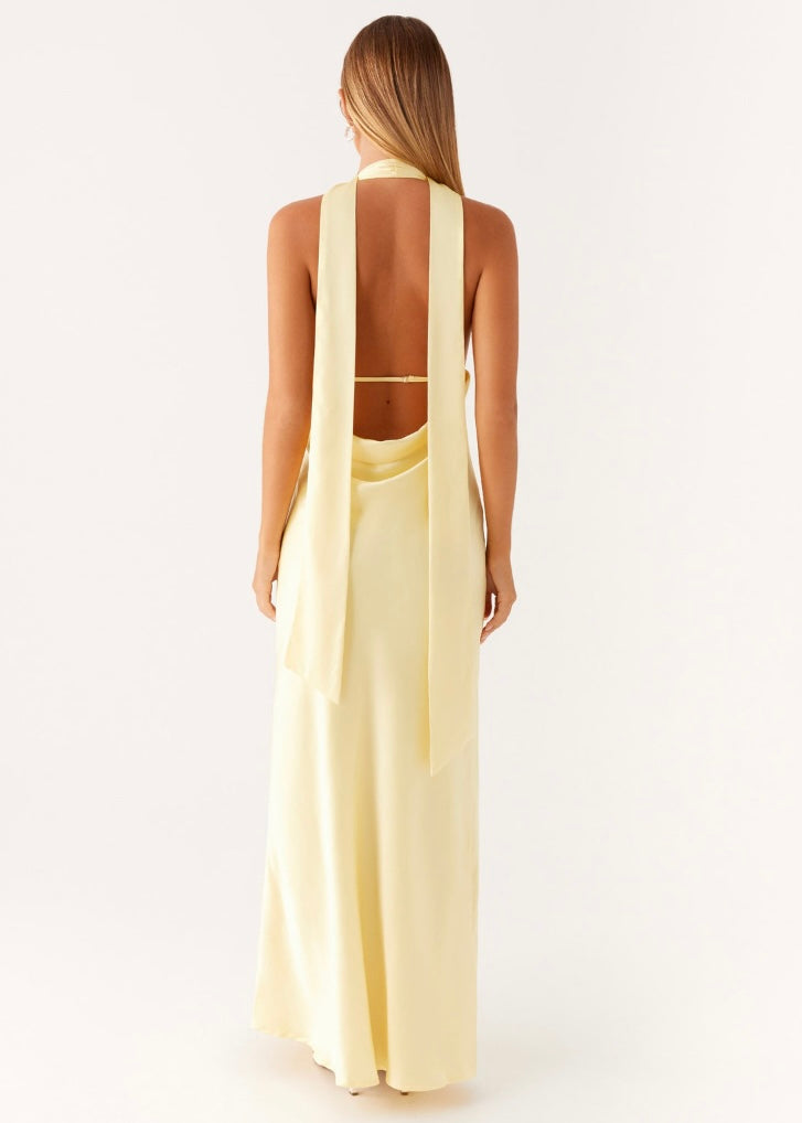 Alicia Satin Halter Maxi Dress - Yellow