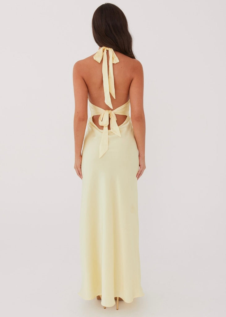 Heavy Hearted Satin Maxi Dress - Lemon