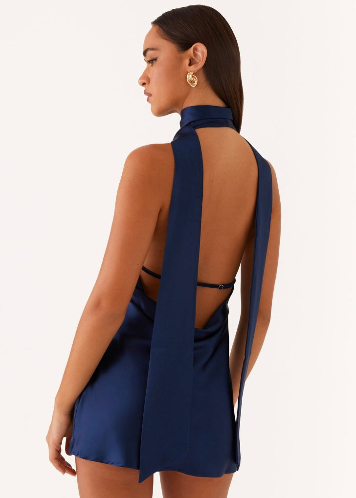 Alicia Satin Halter Mini Dress - Navy