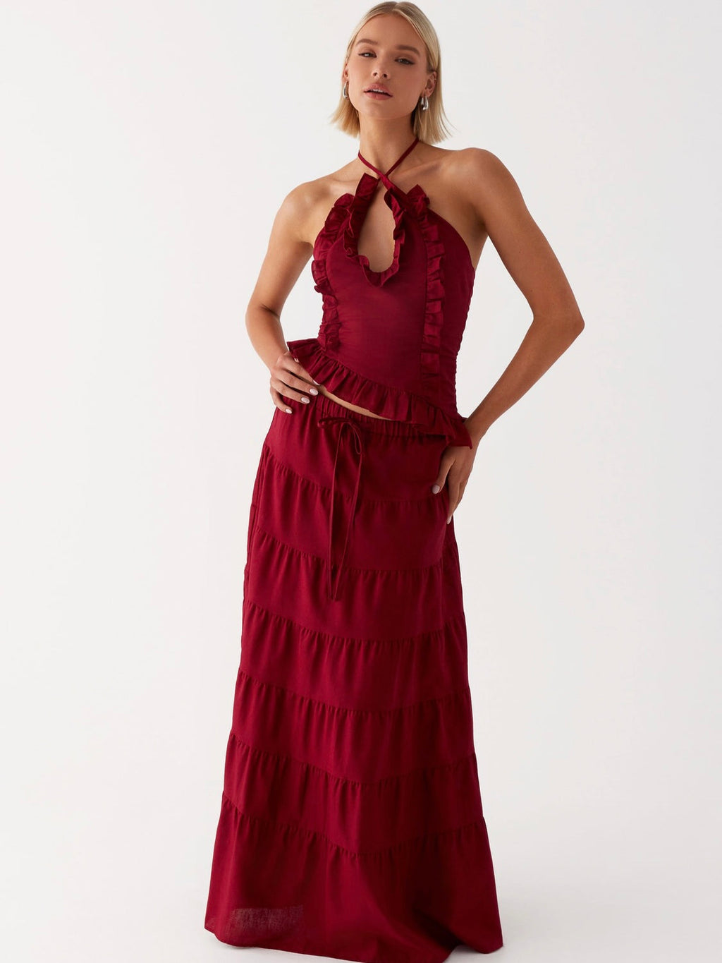 Mariella Linen Maxi Skirt - Maroon
