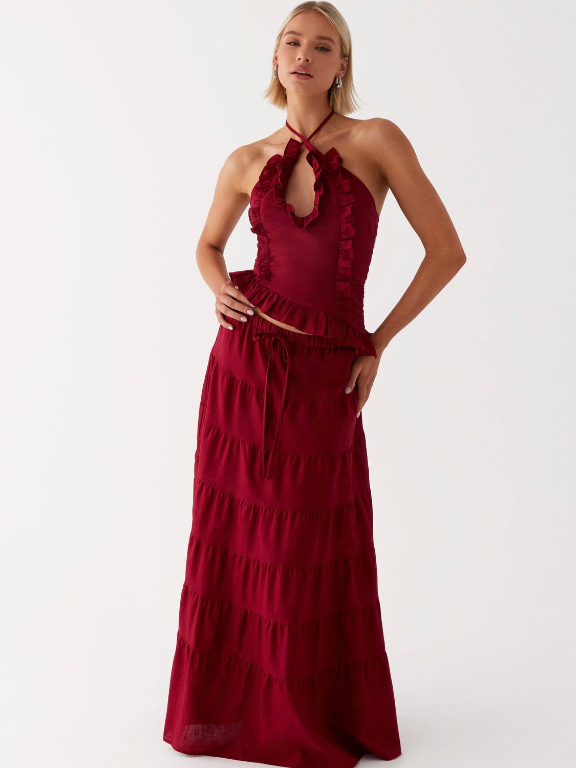 Mariella Linen Maxi Skirt - Maroon