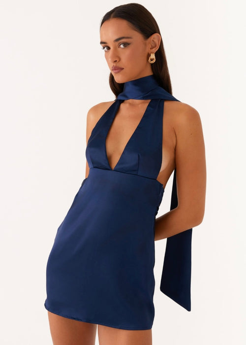 Alicia Satin Halter Mini Dress - Navy