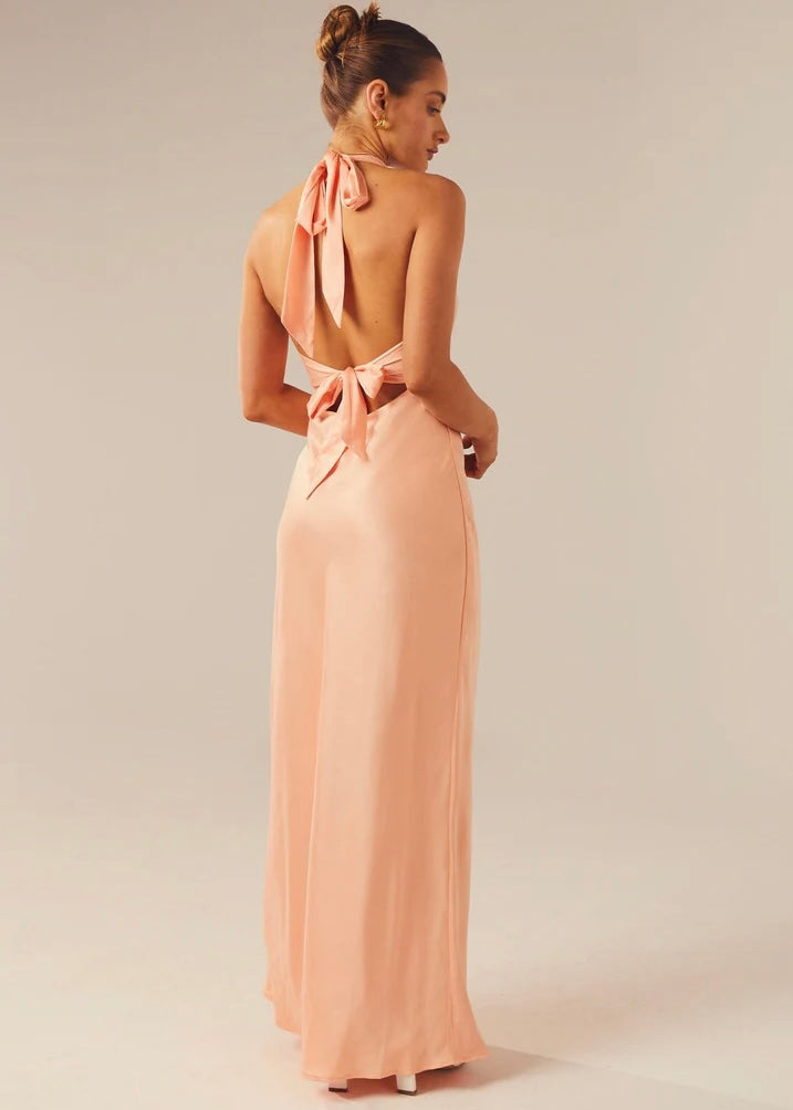Heavy Hearted Satin Maxi Dress - Peach