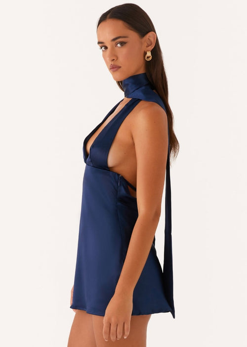 Alicia Satin Halter Mini Dress - Navy