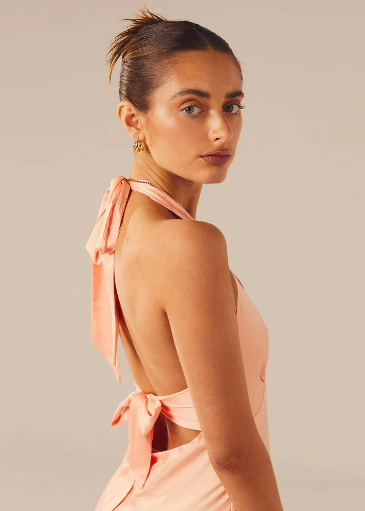 Heavy Hearted Satin Maxi Dress - Peach