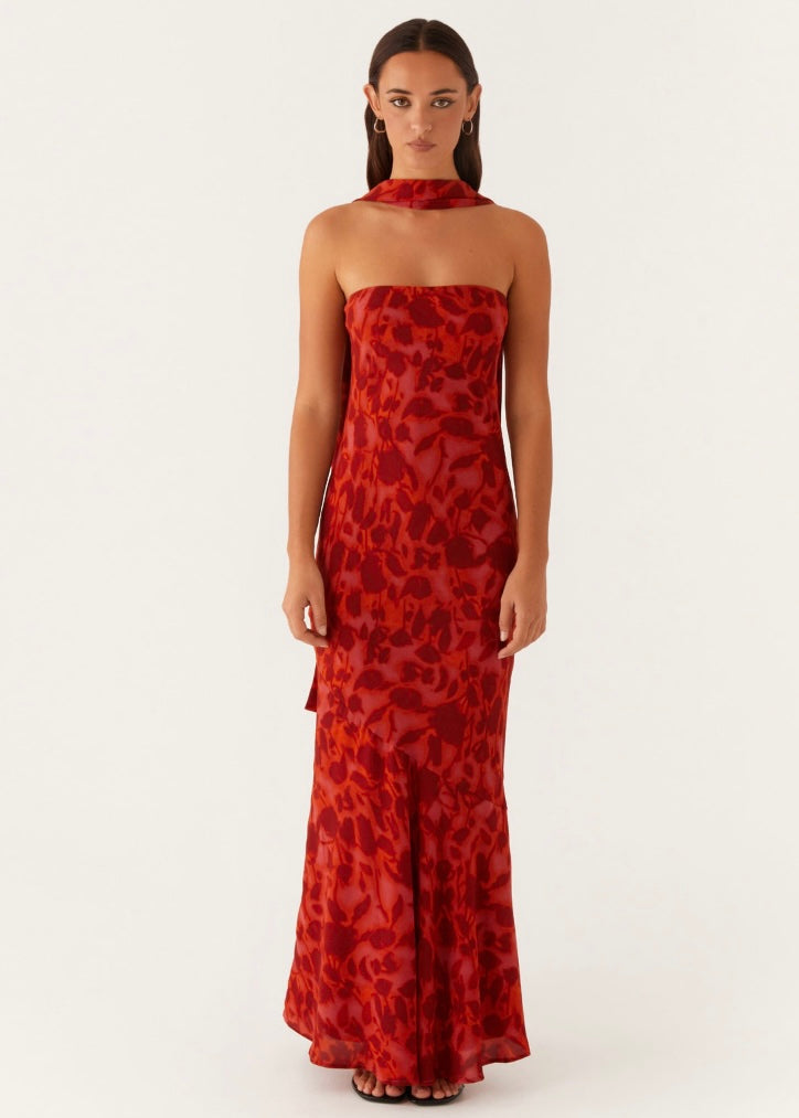 Under The Pagoda Maxi Dress - Deep Red Floral