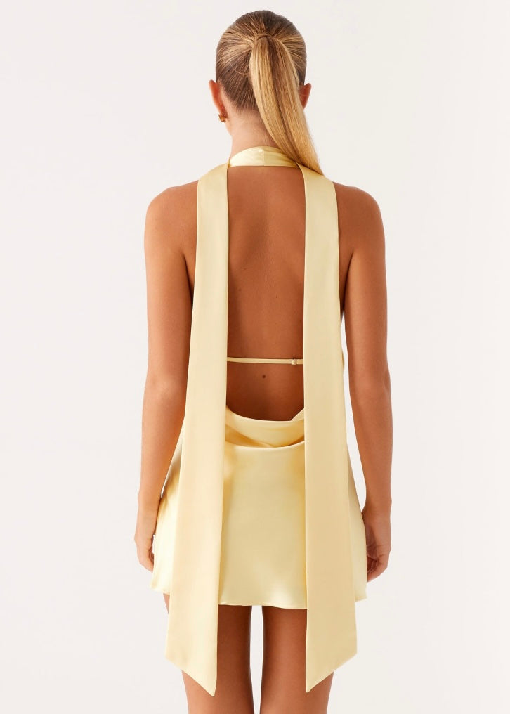Alicia Satin Halter Mini Dress - Yellow