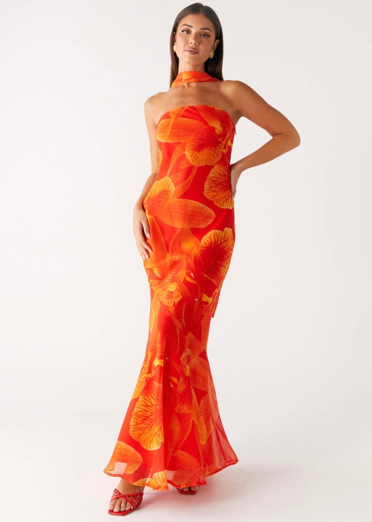 Under The Pagoda Maxi Dress - Orange Floral
