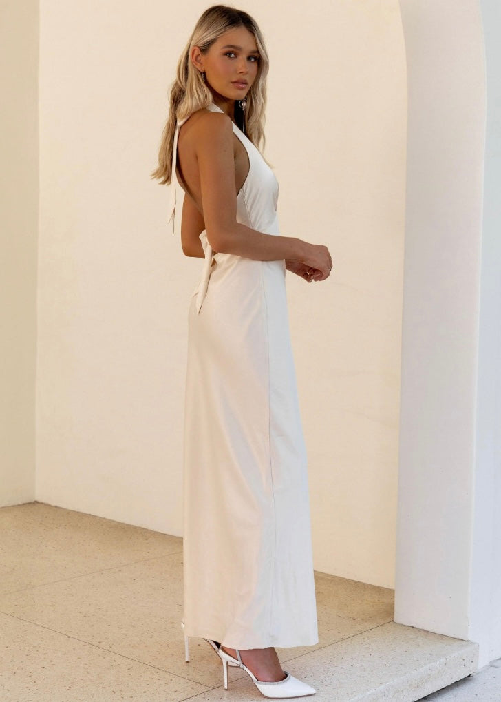 Heavy Hearted Satin Maxi Dress - Pearl