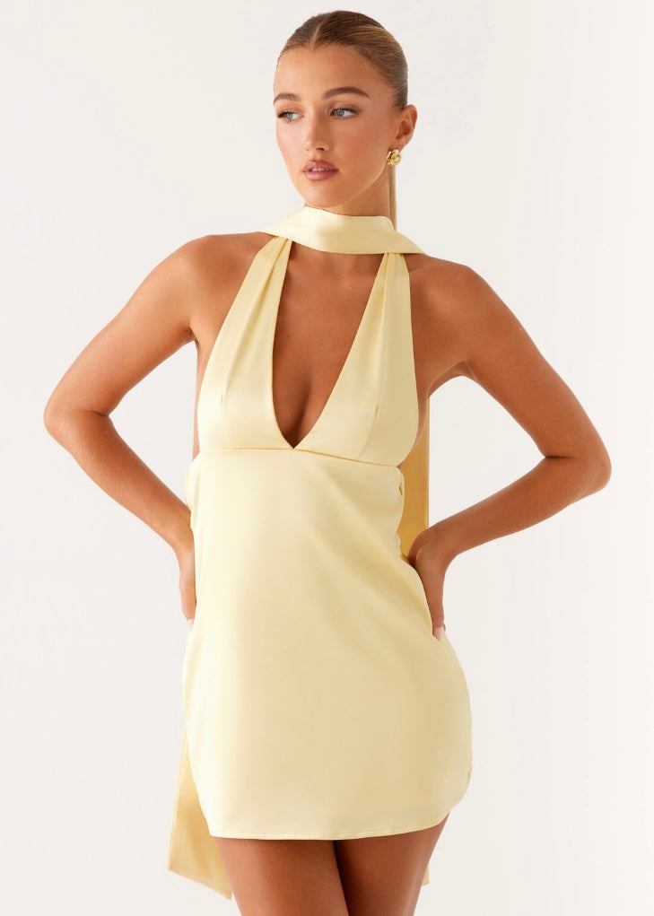Alicia Satin Halter Mini Dress - Yellow