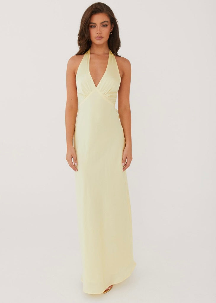 Heavy Hearted Satin Maxi Dress - Lemon