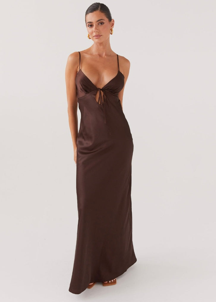 Flora Satin Maxi Dress - Chocolate