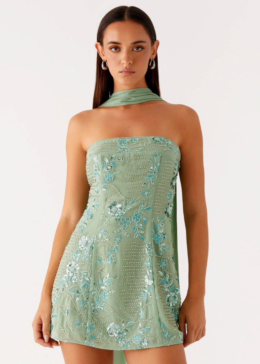 Kiesha Strapless Scarf Mini Dress - Mint